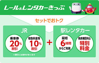 レール＆レンタカーきっぷ　セットでおトク　JR 乗車券20％割引 特急料金等10％割引　＋　駅レンタカー 最短6時間からご利用　免責補償料込 特別料金